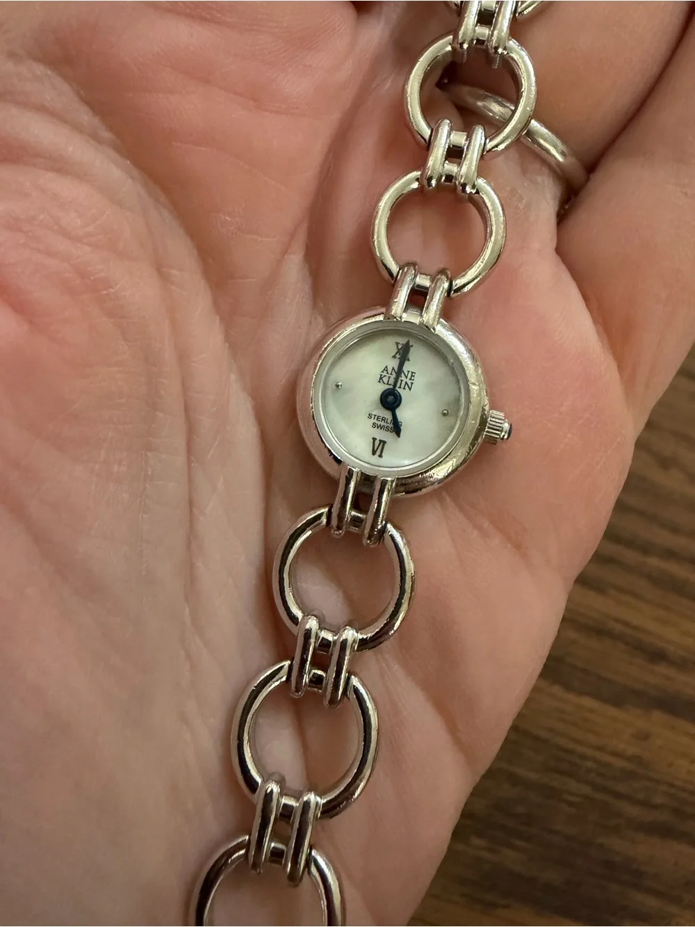 Anne Klein Silver-Tone Ring Link Bracelet Watch with White Dial